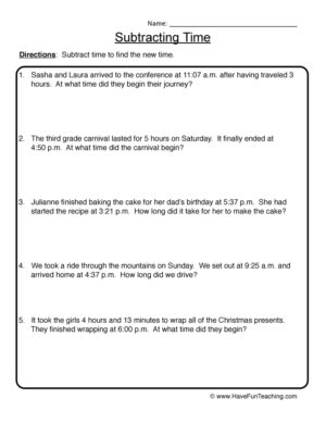Subtracting Time Problems Worksheet