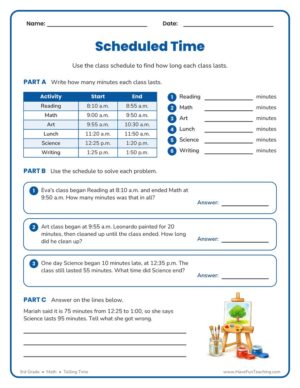 3rd Grade elapsed time and class schedule math worksheet