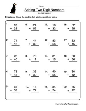 Two Digit Addition No Regrouping Worksheet