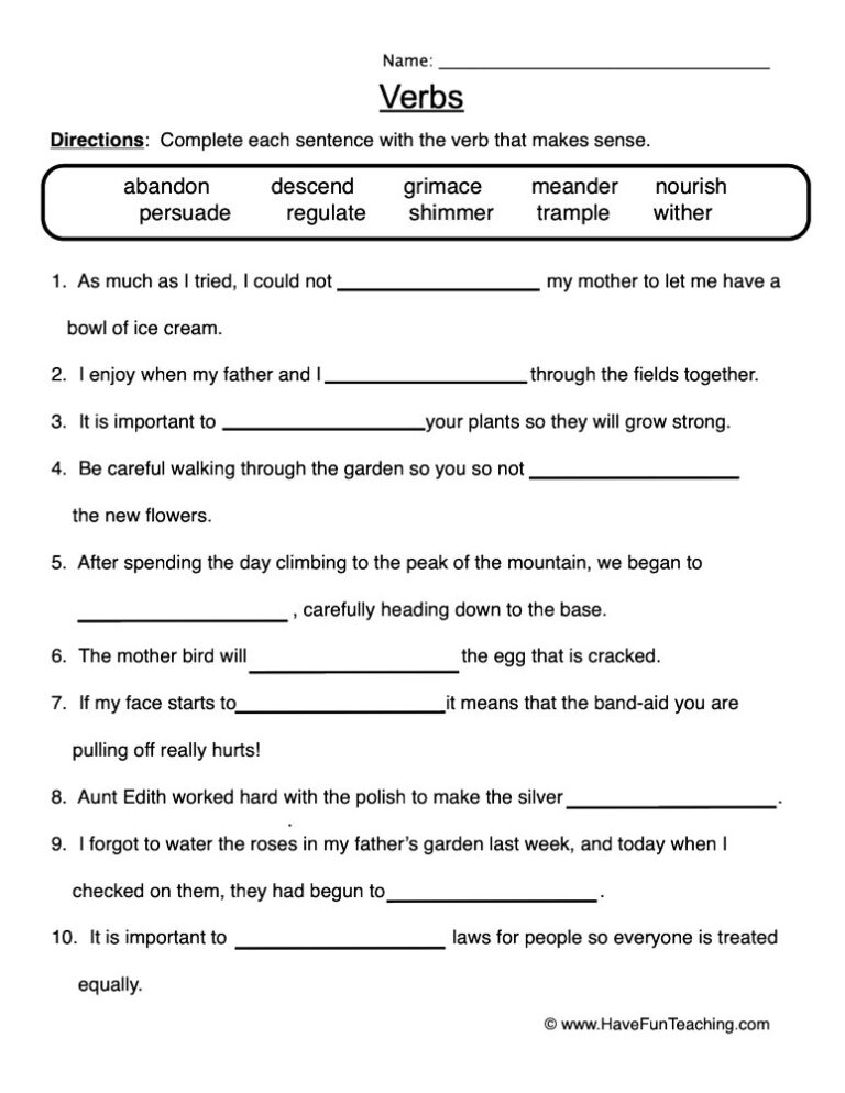 Verbs Fill in the Blanks Worksheet