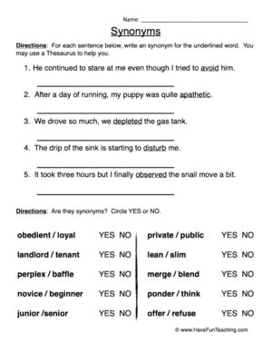 Writing with Synonyms Worksheet