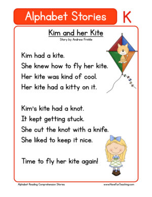 Alphabet Stories Letter K Reading Comprehension Worksheet