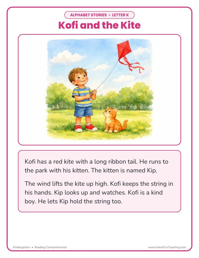 Alphabet Stories Letter K Reading Comprehension Worksheet