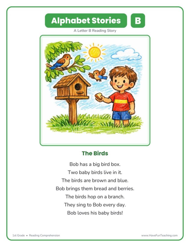 Alphabet Stories Letter B Reading Comprehension Worksheet