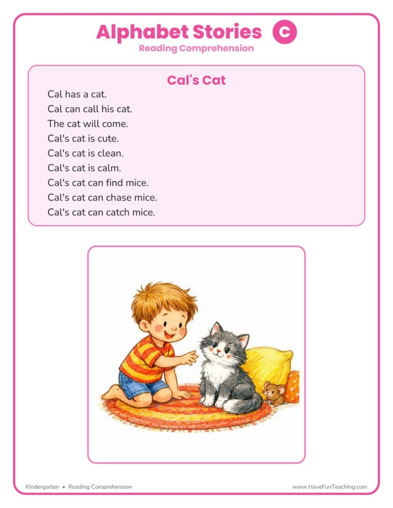 Alphabet Stories Letter C Reading Comprehension Worksheet