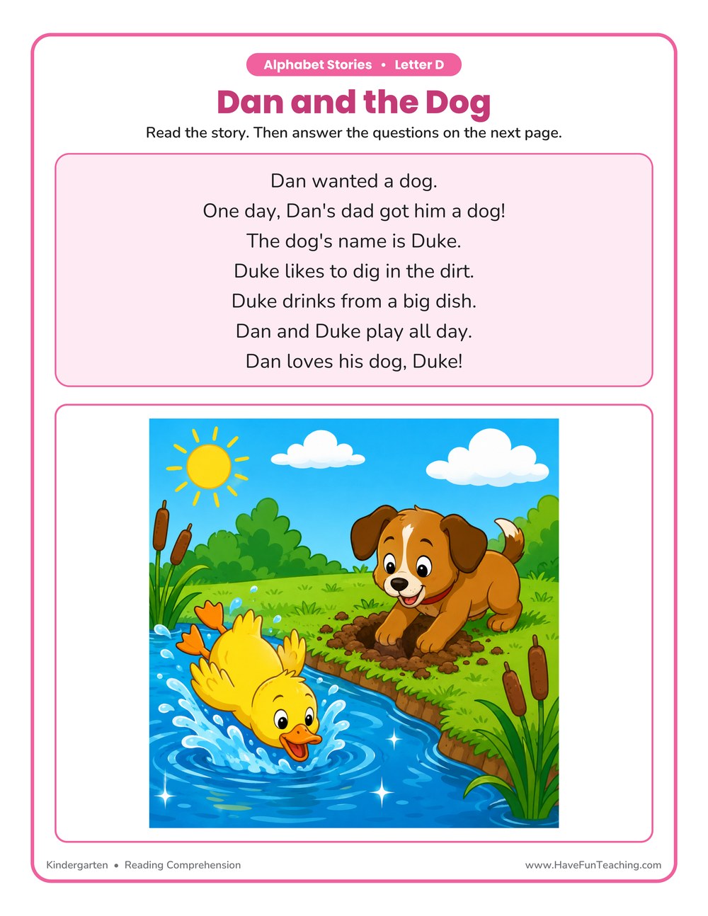 Kindergarten alphabet stories letter D reading comprehension worksheet