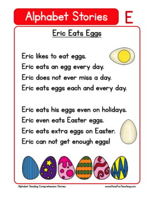 Alphabet Stories Letter E Reading Comprehension Worksheet