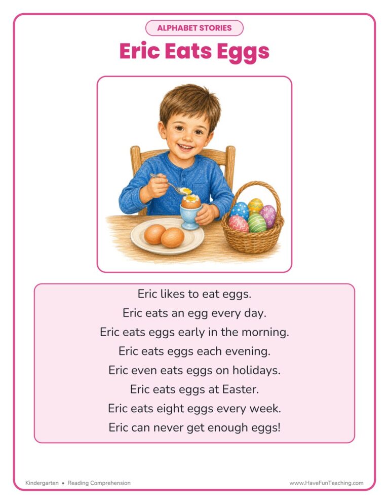 Alphabet Stories Letter E Reading Comprehension Worksheet