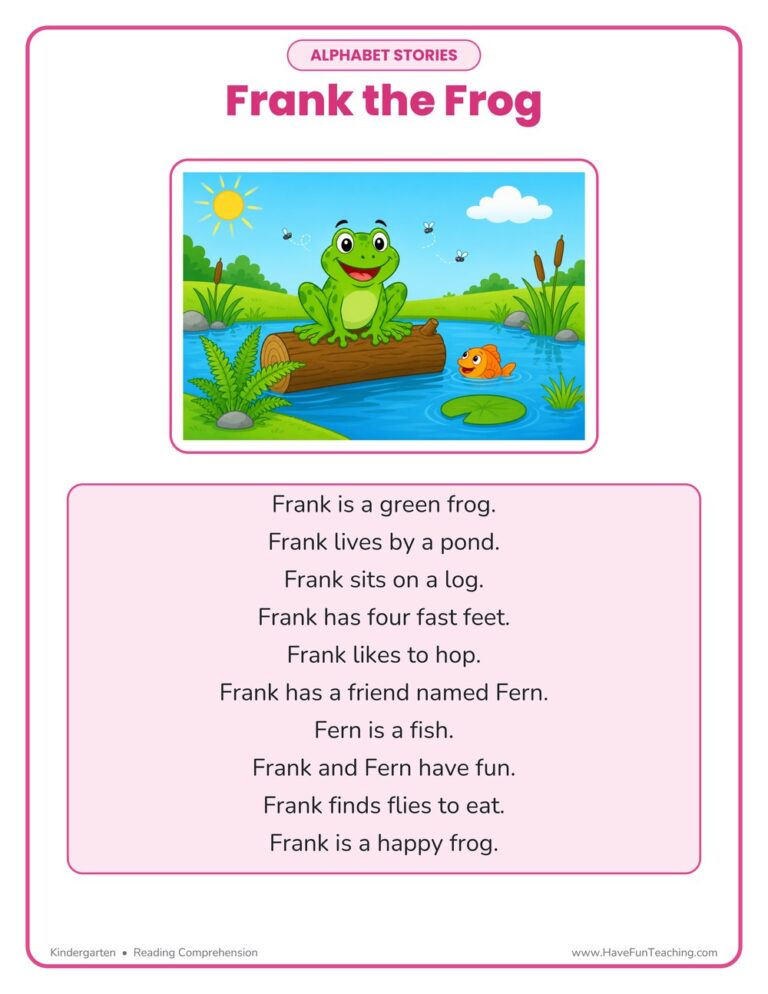 Alphabet Stories Letter F Reading Comprehension Worksheet
