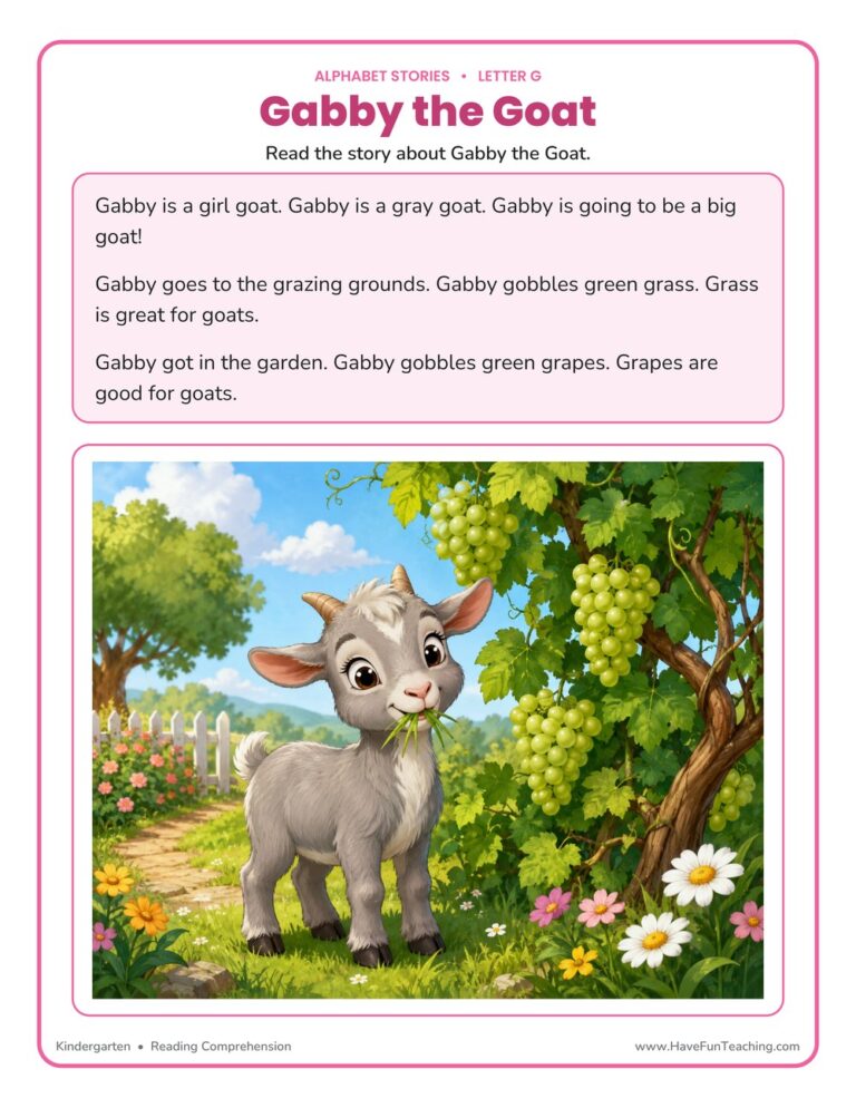 Alphabet Stories Letter G Reading Comprehension Worksheet