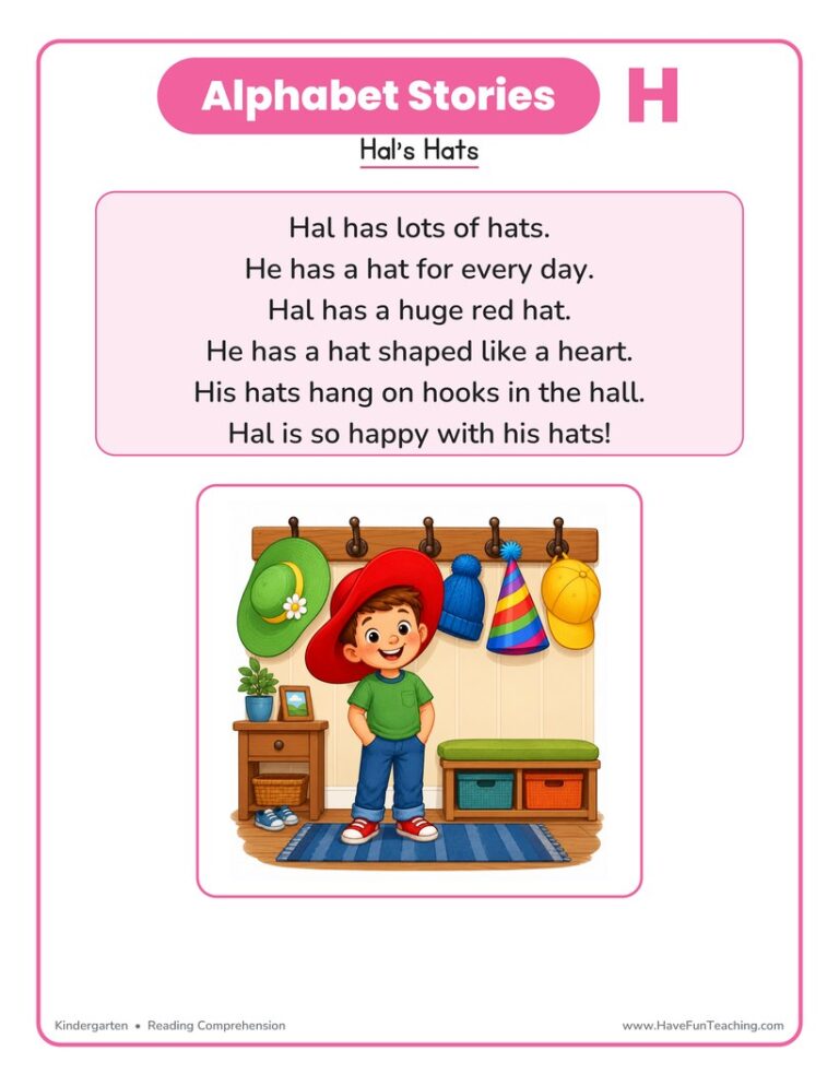 Alphabet Stories Letter H Reading Comprehension Worksheet