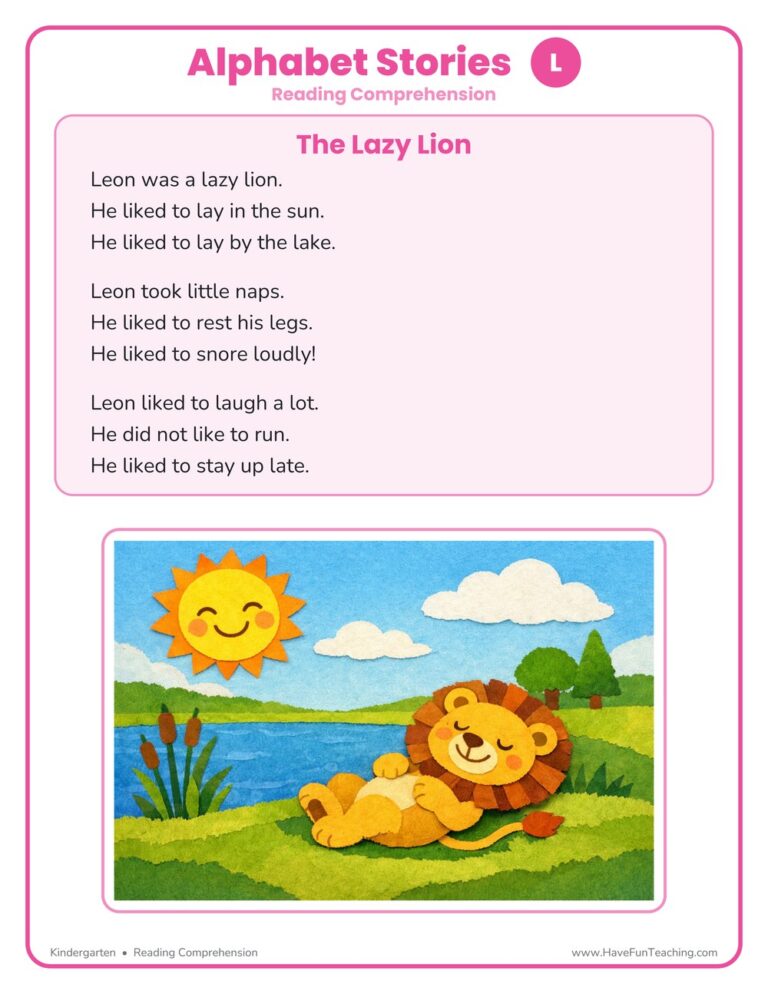 Alphabet Stories Letter L Reading Comprehension Worksheet
