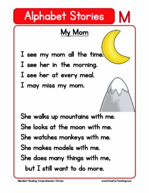 Alphabet Stories Letter M Reading Comprehension Worksheet