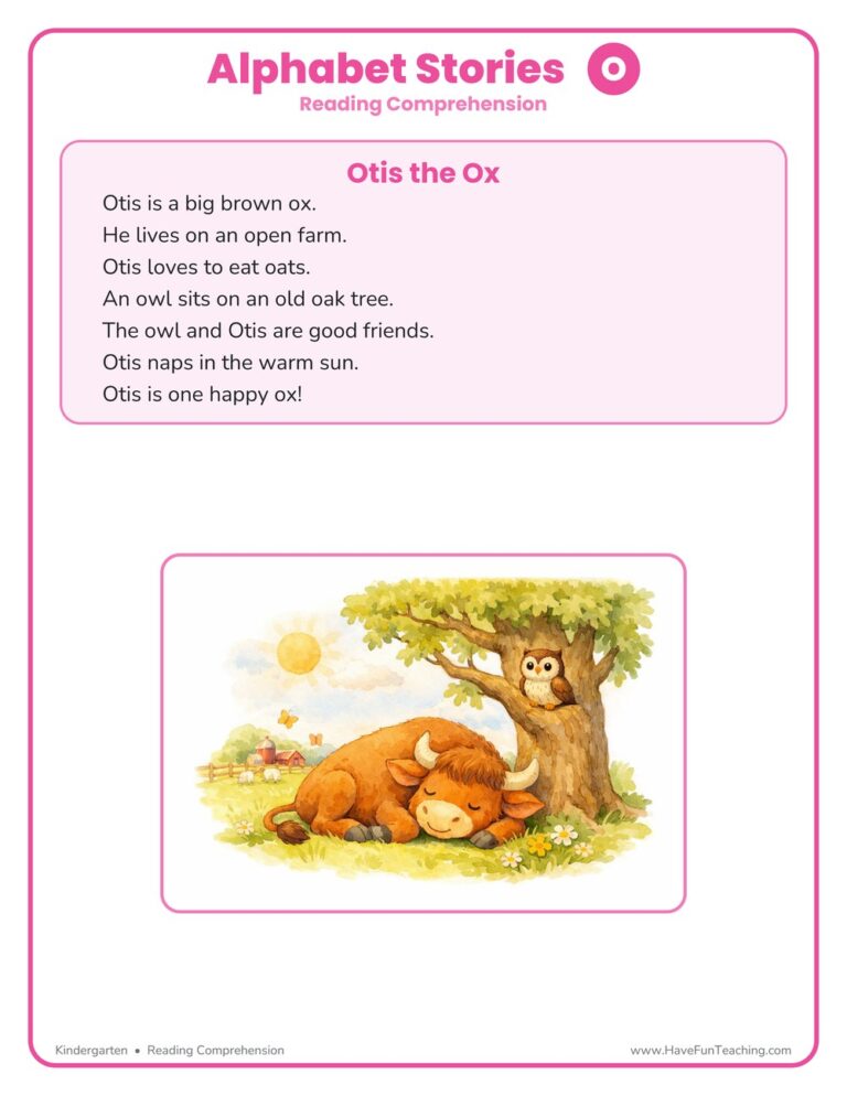 Alphabet Stories Letter O Reading Comprehension Worksheet