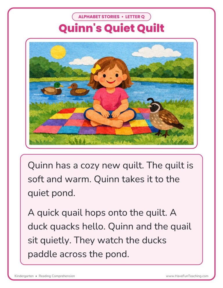 Alphabet Stories Letter Q Reading Comprehension Worksheet