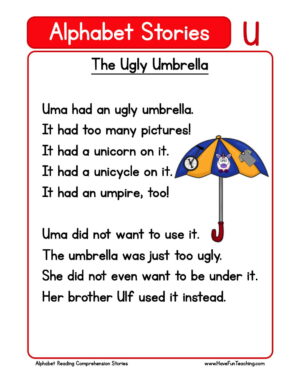 Alphabet Stories Letter U Reading Comprehension Worksheet