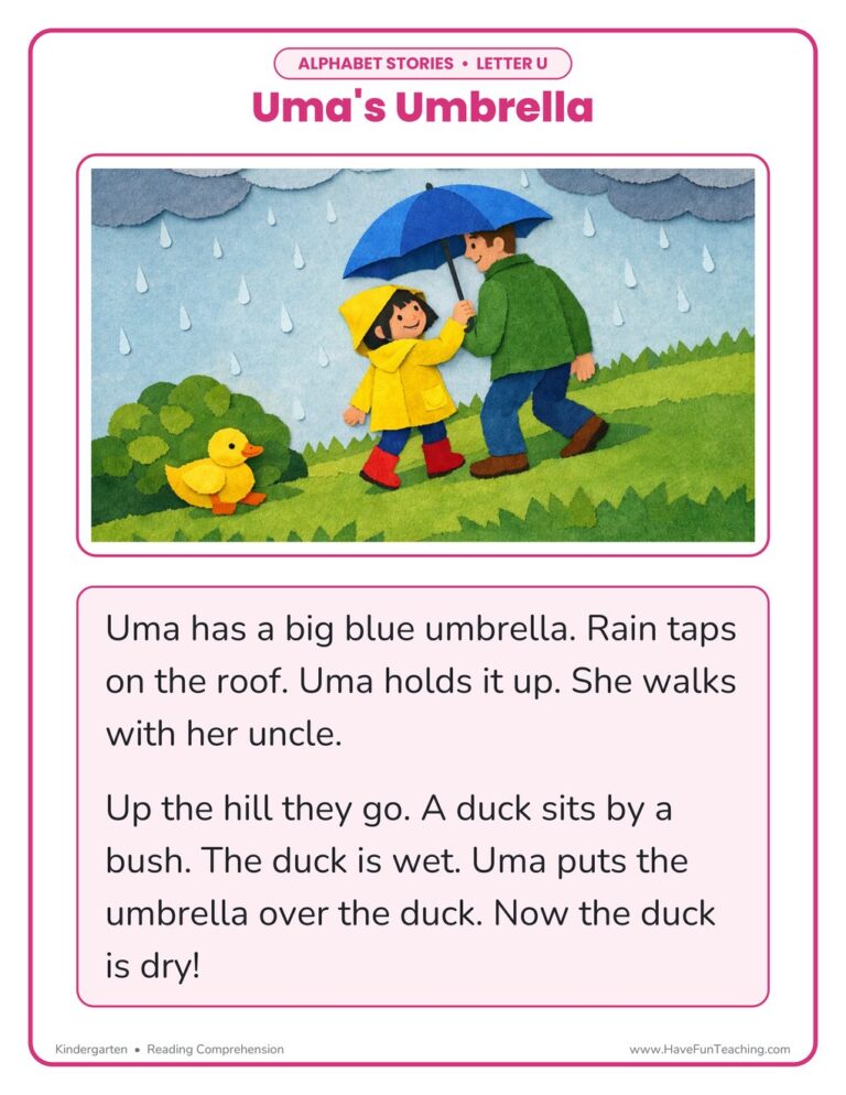 Alphabet Stories Letter U Reading Comprehension Worksheet