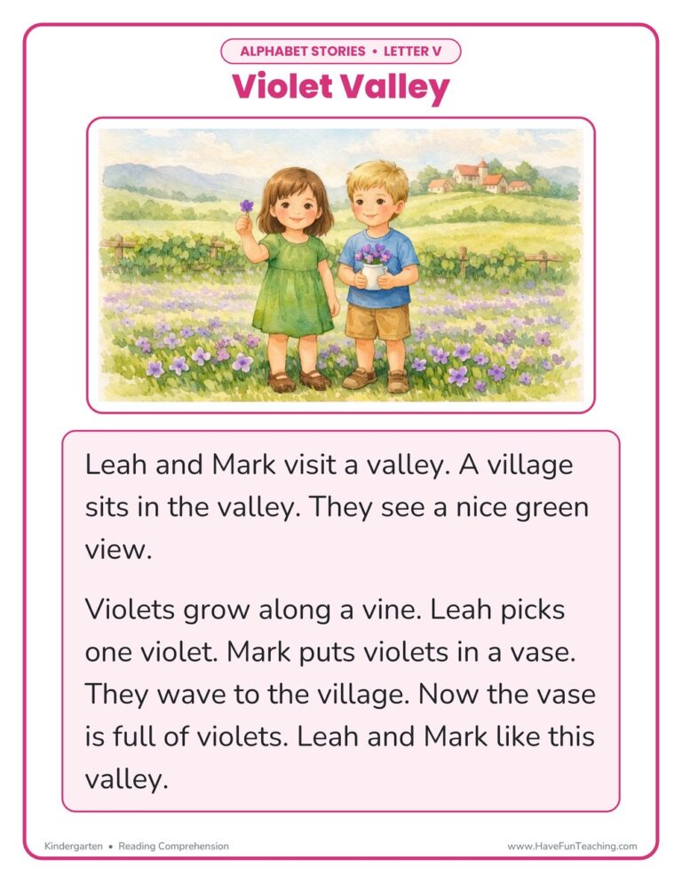 Alphabet Stories Letter V Reading Comprehension Worksheet