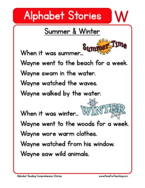 Alphabet Stories Letter W Reading Comprehension Worksheet
