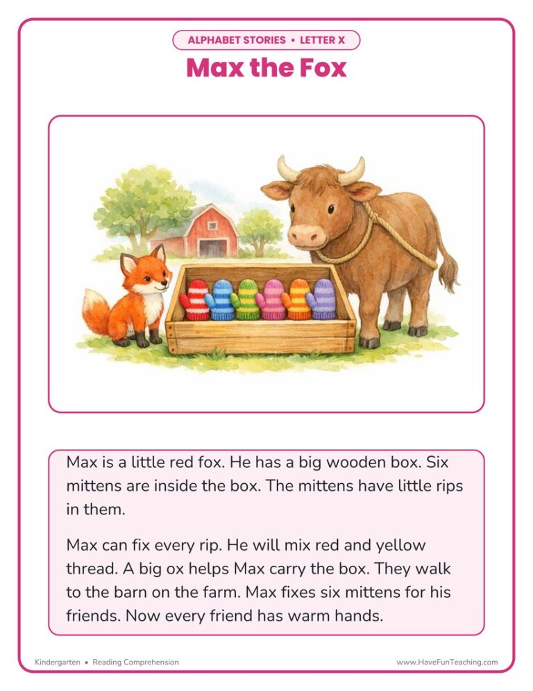 Alphabet Stories Letter X Reading Comprehension Worksheet