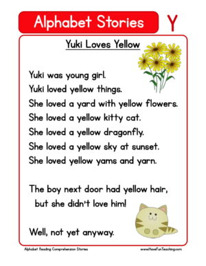 Alphabet Stories Letter Y Reading Comprehension Worksheet