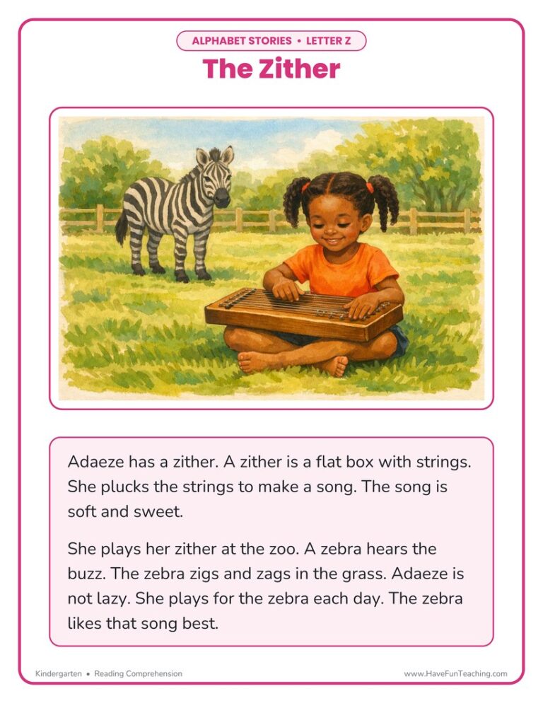 Alphabet Stories Letter Z Reading Comprehension Worksheet