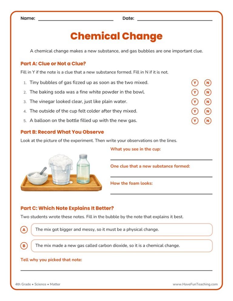 Chemical Changes Observation Worksheet