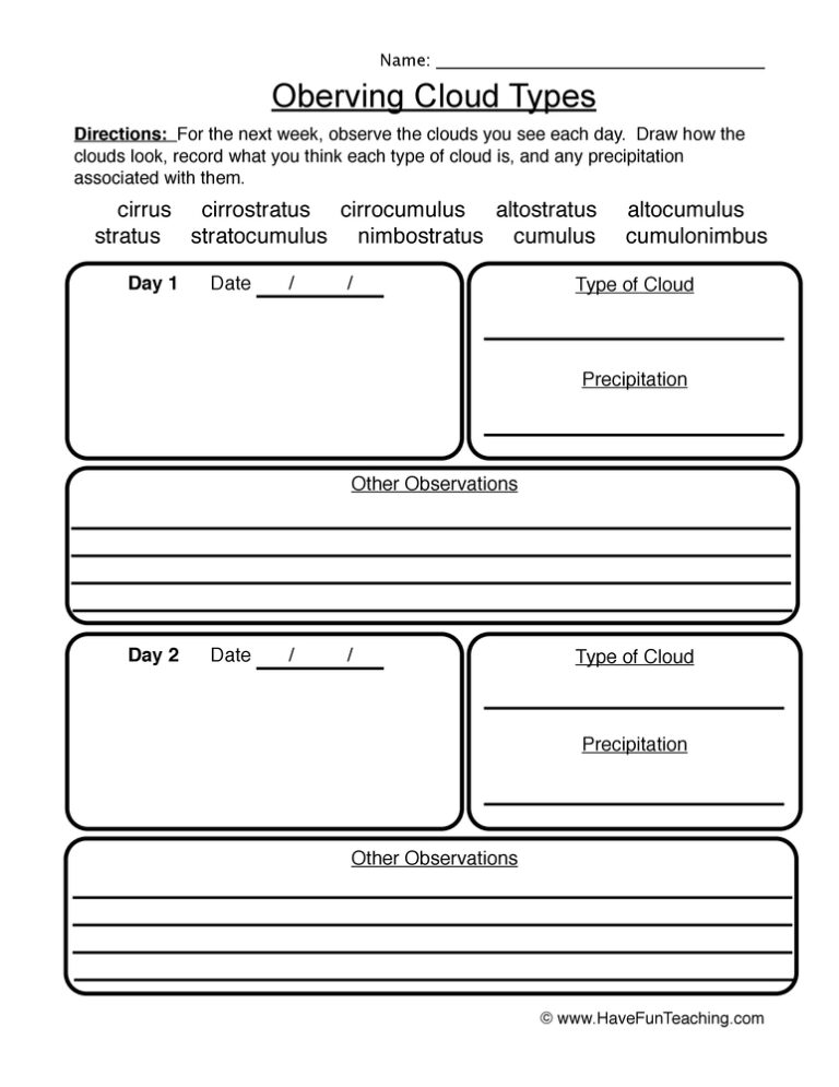 Observing Cloud Types Worksheet