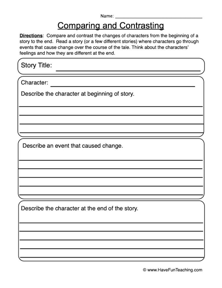 Comparing and Contrasting Character Changes Worksheet