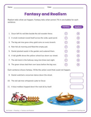 3rd grade reading worksheet for identifying fantasy and realism in sentences