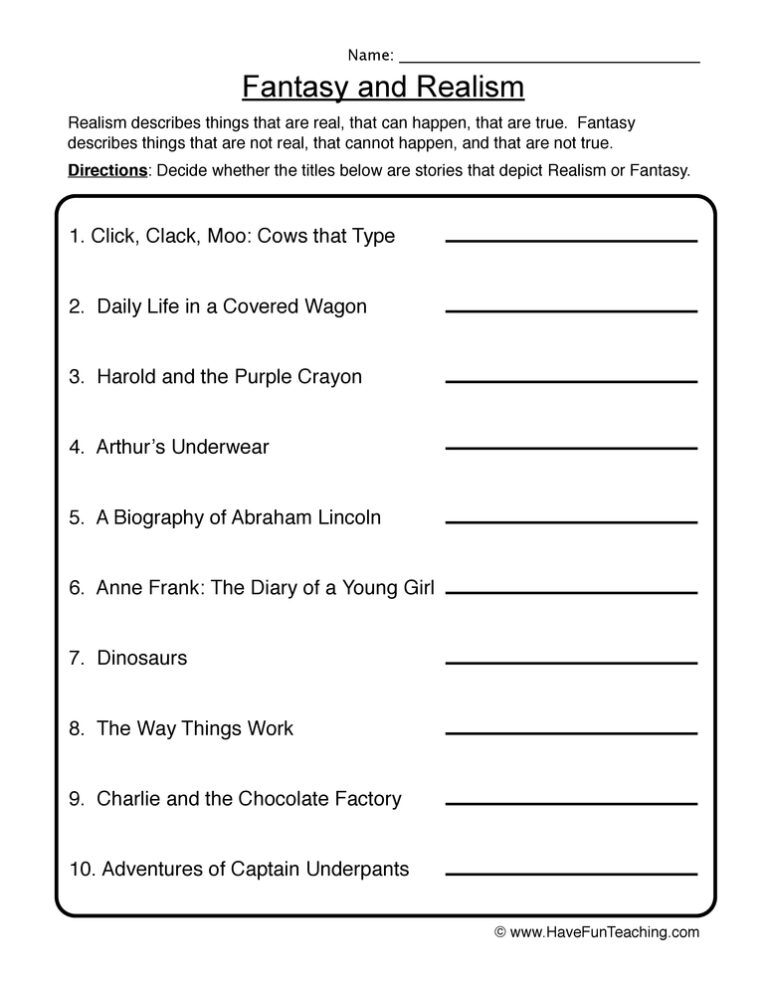 Fantasy and Realism Book Titles Worksheet