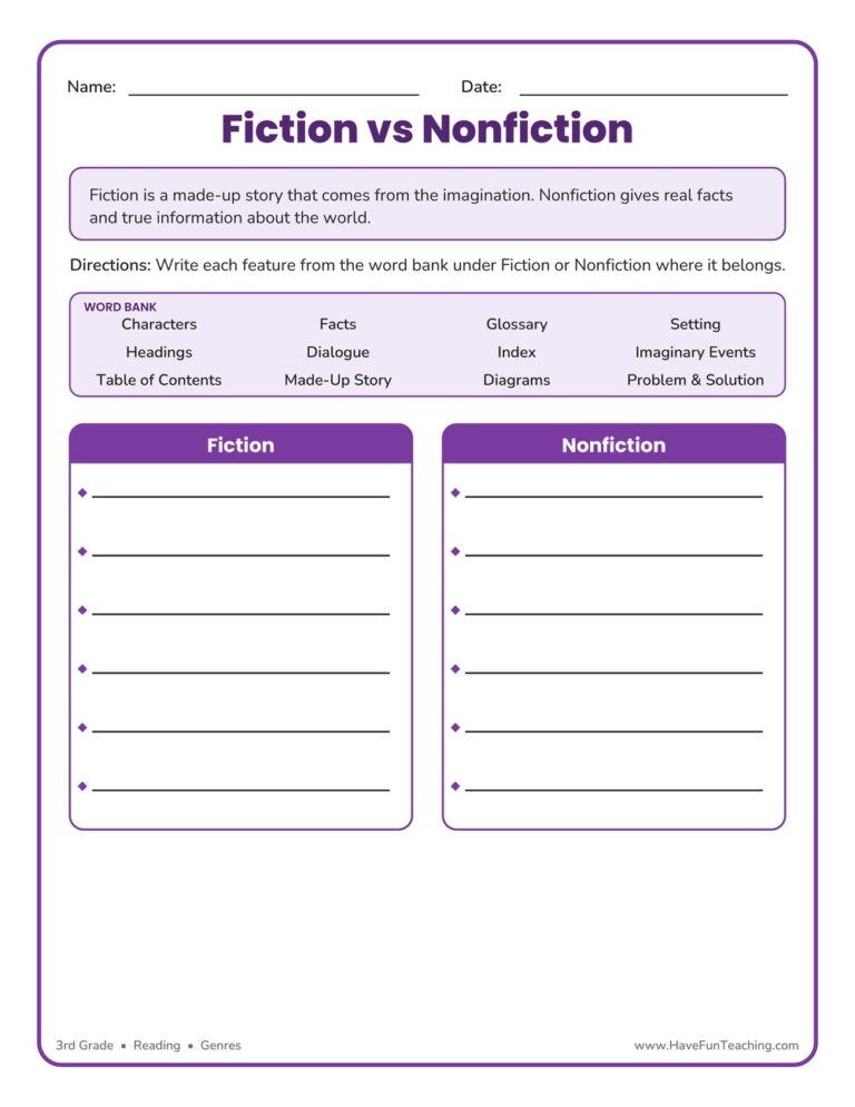 Fiction and Nonfiction Features Worksheet