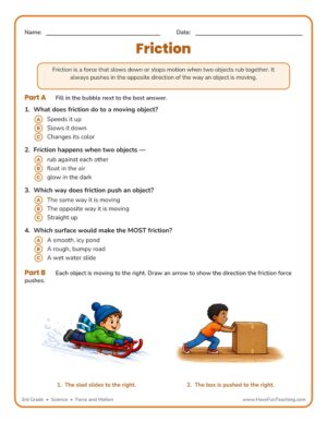 Friction worksheet for 3rd grade showing friction force questions and pictures to draw arrows on