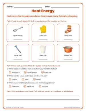 3rd Grade Science worksheet on thermal conductors and insulators of heat energy