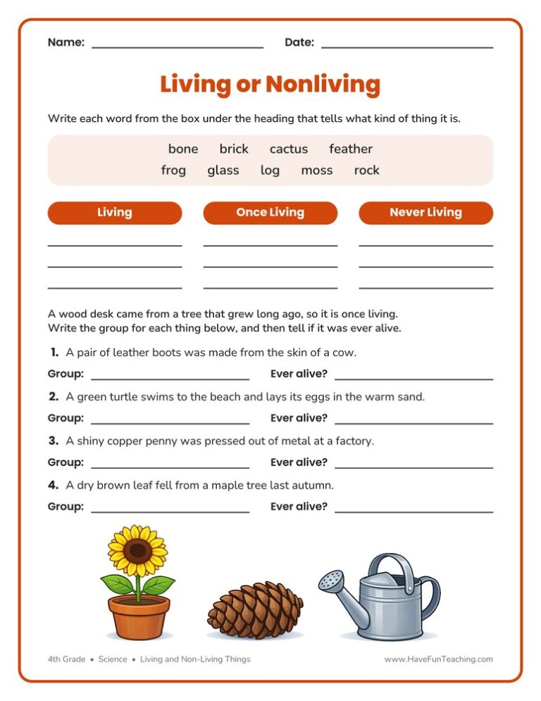 Living and Non-Living Things Sorting Worksheet