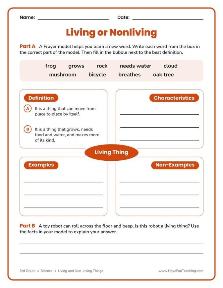 Living Non-Living Frayer Model Worksheet