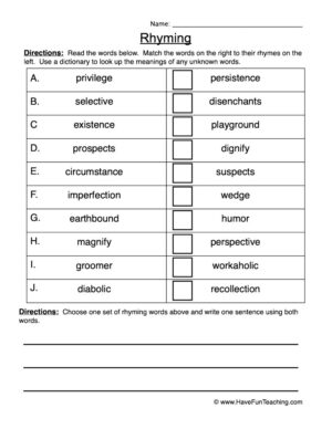 Matching Rhyming Words Worksheet