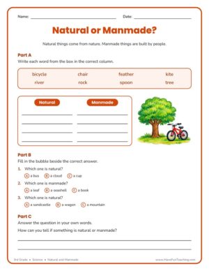 3rd Grade natural and manmade sorting worksheet