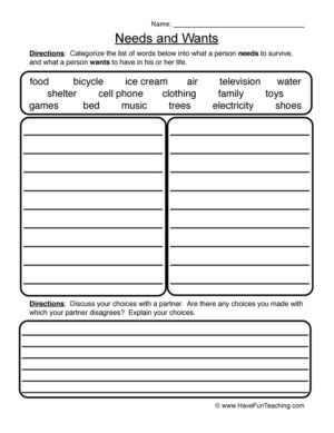 Needs and Wants Sorting Worksheet