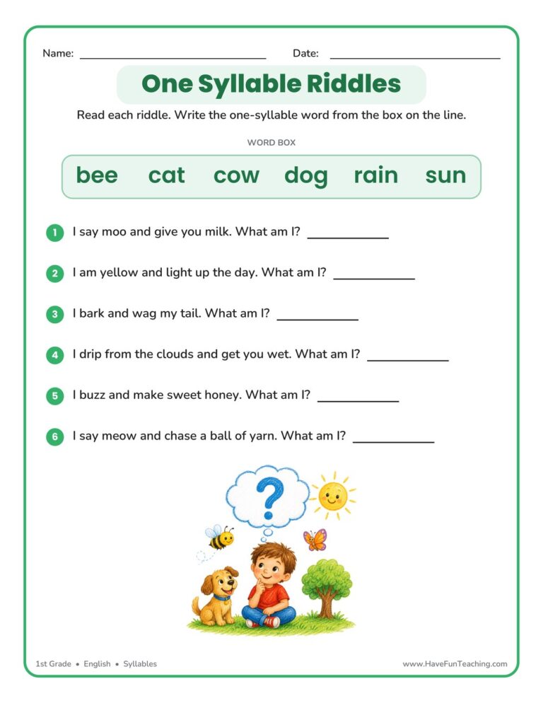 One Syllable Riddles Worksheet