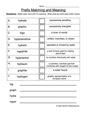 Prefix Matching and Meaning Worksheet