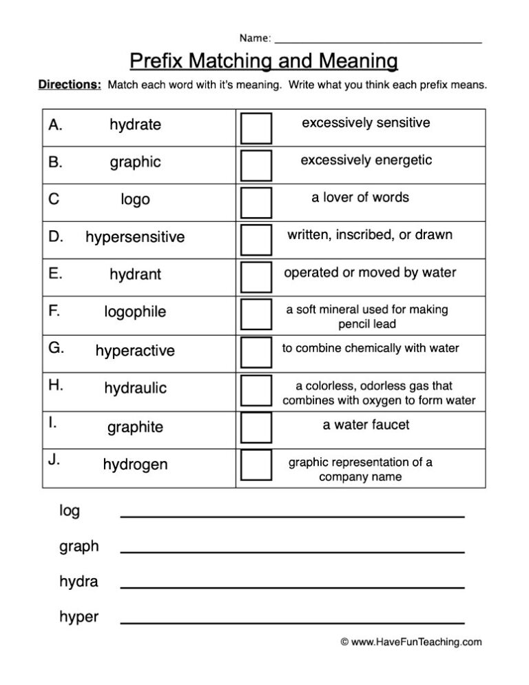 Prefix Matching and Meaning Worksheet