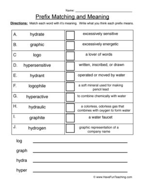 Prefix Matching and Meaning Worksheet