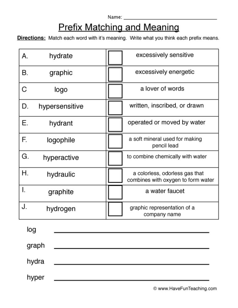 Prefix Fill in the Blank Worksheet