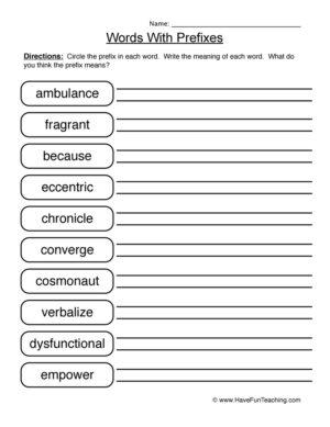 Words with Prefixes Worksheet