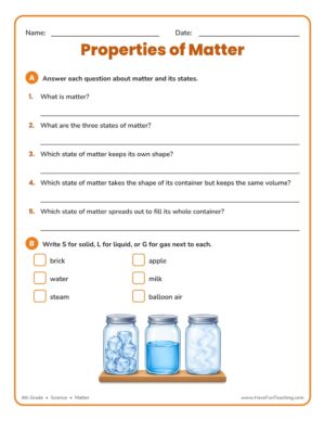 Properties of Matter Review Worksheet for 4th Grade Science on states of matter with answer key