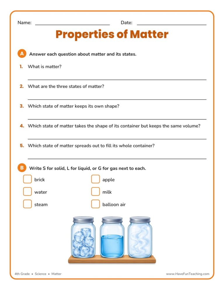 Properties of Matter Review Worksheet