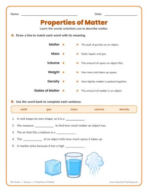 Properties of Matter worksheet for 4th grade science with matching and fill-in-the-blank activities