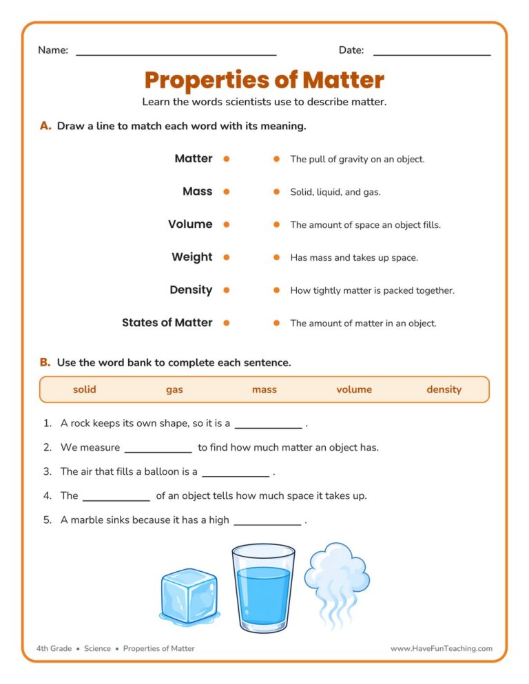 Properties of Matter Definitions Worksheet