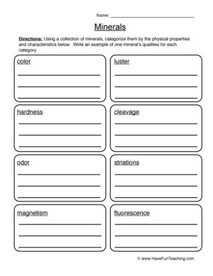 Rocks Minerals Categorization Worksheet